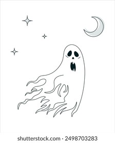 Fantasma una línea continua de arte. Una sola línea. Espeluznante fantasma volador. Dibujo a mano de contorno. Ilustración de doodle mínima. Espeluznante Halloween. Cielo nocturno. Esbozo del espíritu. Simple Ilustración vectorial. 