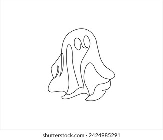 Ghost one-line art. Continuous line drawing of Halloween theme autumn mood horrible restless soul fears Halloween costume spell Ghost one line illustration. Single-line deco for Halloween party