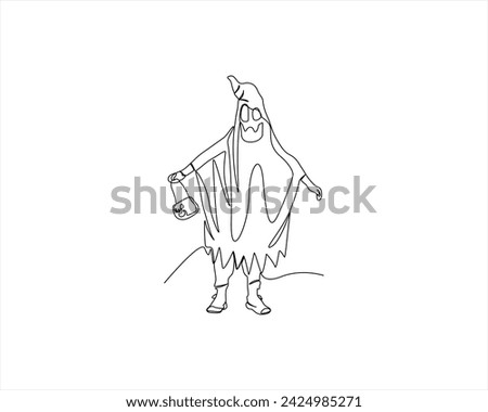 Ghost one-line art. Continuous line drawing of Halloween theme autumn mood horrible restless soul fears Halloween costume spell Ghost one line illustration. Single-line deco for Halloween party