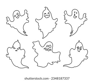 Ghost outline icons set, halloween ghosts. Festive decor elements, vector