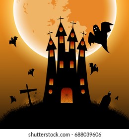 ghost over the castle with bright of moon background for halloween concept