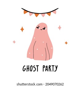 Ghost party. Halloween party card, poster with spooky cartoon spirit and garland. Cute scary kawaii character. Vector flat illustration for t-shirt print, stickers, kids decoration. 