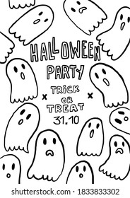 Ghost party. Halloween night party invitation. Halloween holidays hand drawn invitation or greeting card with handwritten calligraphy greetings, words and phrases.