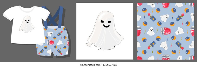 Ghost pattern. Children's toys. Set for textile design and packaging design. ball, flower vector illustration.
