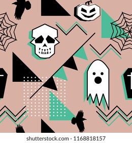 Ghost pattern for halloween theme seamless pattern with skull and geometric abstract background. Teenager and children fashion wrapping and print vector.