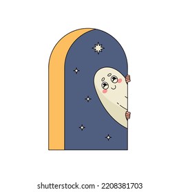 A ghost peeks out from the street. Vector cute illustration in retro cartoon style.