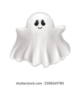 Ghost personage for Halloween holiday celebration. Vector poltergeist with smiley face, 3D isolated supernatural character for haunting house spooking monster or decoration