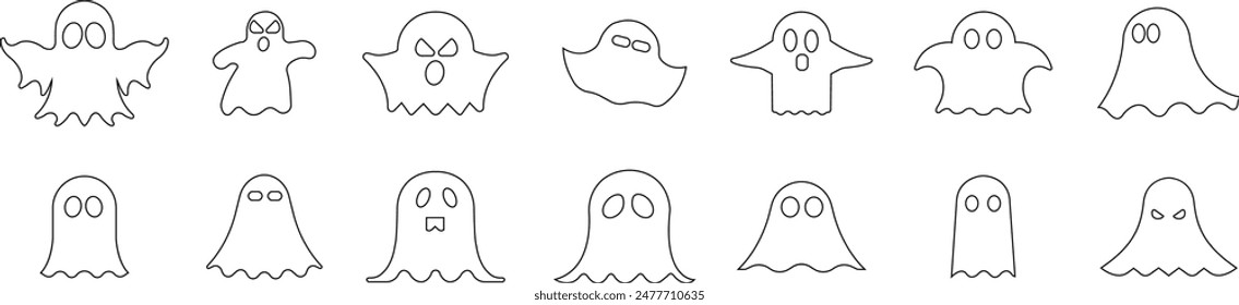 Ghost, phantom or apparition haunting Halloween line vectors icons Set for holiday apps and website. Simple spooky character editable stock. Scary ghostly monster Silhouette on transparent background.