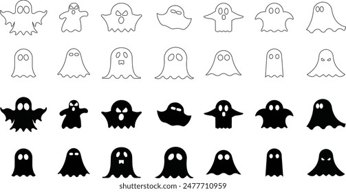 Ghost, phantom or apparition haunting Halloween flat, line vectors icons Set for holiday apps and website. Spooky character editable stock. Scary ghostly monster Silhouette on transparent background.