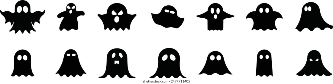 Ghost, phantom or apparition haunting Halloween black fill vectors icons Set for holiday apps and website. Simple spooky character. Scary ghostly monster Silhouette isolated on transparent background.