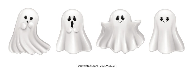 Ghost or phantom character with cute smiley face. Vector supernatural personage for Halloween celebration, haunted house poltergeists fantasy monsters. 3D isolated characters