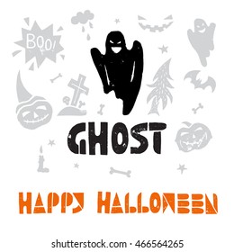 Ghost, phantom. Happy Halloween lino cut vector elements with texture. Latin hand lettered alphabet. Isolated decorative elements: pumpkin, witch, bat, skeleton 