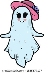 Ghost with a pink hat, illustration, vector on white background.