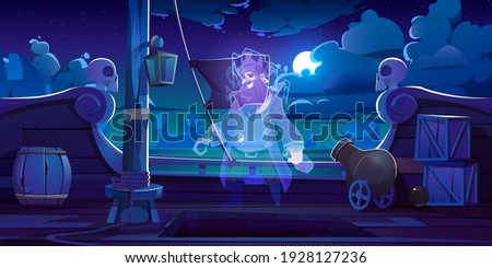 Ghost of pirate on ship deck with black jolly roger flag at night. Vector cartoon illustration with spirit of dead captain with hook, wooden leg and beard in sailor costume on boat in moonlight