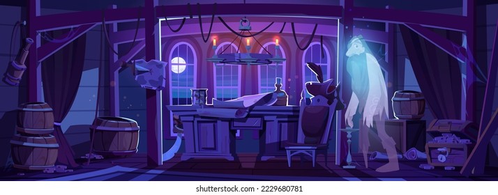 Ghost of pirate in ship cabin at night. Dark captain room interior with old chair, wooden table, barrels, treasure chest, map and soul of dead sailor, vector cartoon illustration