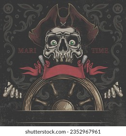 Ghost Pirate vintage label poster. Vector illustration in engraving technique of pirate skull holding ship steering wheel on decorative dark grunge background.