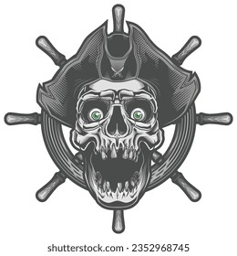 Afiche de la etiqueta vintage de Ghost Pirate. Ilustración vectorial en la técnica de grabado del cráneo pirata con sombrero y volante sobre fondo decorativo de grunge oscuro.