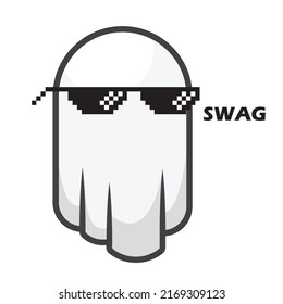 Ghost with pixel glasses and swag in cartoon cute art style vector design simple minimalist icon illustration free editable asset