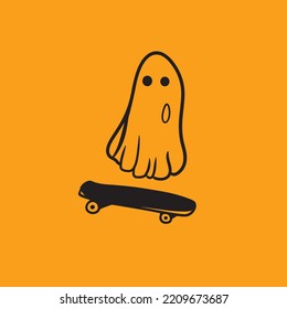 Ghost Playing Skateboard Halloween Vector Cute Mascot Logo Illustration