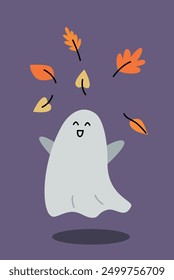 Ghost plays with autumn leaves. Happy fall illustration. Halloween illustration. Spooky season.