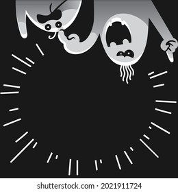 Ghost pointing down. Monochrome ghost apparition ghost group pointing. Mockup or frame with a blank in the middle for fillable text. Shadow funny and ghost cute sheet for halloween character.