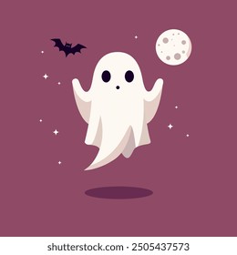 Сute ghost. Poltergeist. Flying ghost. Cute funny happy ghost. Scary spirit. Halloween phantom design in simple modern flat cartoon style. Spooky ghost. Isolated vector illustration of comical phantom