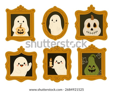 Сute ghost portraits in vintage frames with pumpkin, candle, and spooky details. Perfect for Halloween themes, kids party graphics, autumn holiday designs, greeting cards, stickers, seasonal
