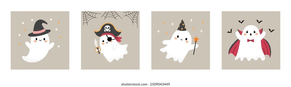 Ghost postcard set. Halloween ghosts in various costumes. Collection of hand-drawn mystical characters for holiday decoration.  Flat vector illustrations on a white isolated background. 