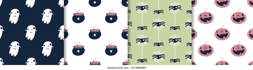 Ghost, pot, spider in web, pumpkin. Hand drawn halloween backgrounds. Vector set of seamless patterns.