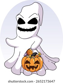 Fantasma com cesta de abóbora cheia de doces. Ilustração de personagem de desenho animado ou de tratamento