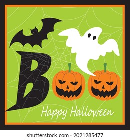 Ghost, pumpkin and bat decorations for halloween greeting card