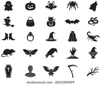 Ghost pumpkin bat spider wolf and witch icons. Spooky halloween silhouette elements. Horror character vector set.