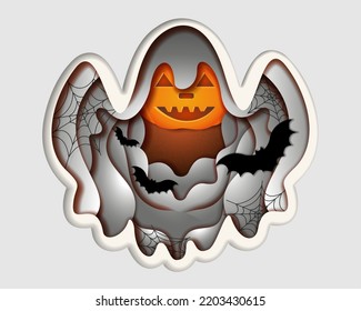 Ghost with pumpkin bats and cobwebs. Halloween concept in paper art style. Vector illustration.