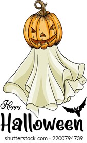 Ghost pumpkin with bats. simple drawing on the theme of Halloween, a cute ghost. isolated on white background, design for holiday, for kids