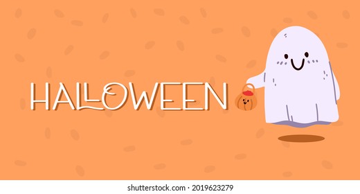 Ghost with pumpkin and candy. Halloween concept. Banner. Vector illustration