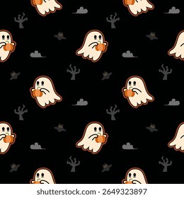 Ghost and pumpkin cartoon so cute. On tree bat cloud black background. Pattern seamless vector illustration. Welcome Halloween. 