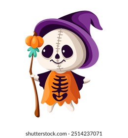 Ghost with pumpkin crosier and witch hat flat color vector illustration. Celebrating Halloween with funny character icon on white background