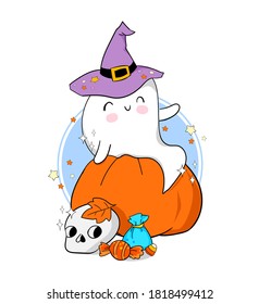 Fantasma con elemento de diseño de calabaza para la ilustración vectorial de halloween de vacaciones