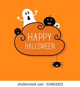 Ghost, pumpkin, eyeball, hanging spider. Happy Halloween card. Cloud frame Orange background Flat design.  Vector illustration