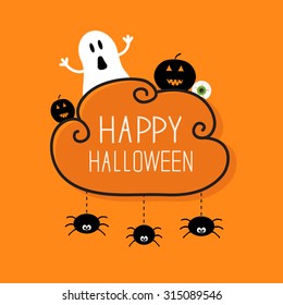 Ghost, pumpkin, eyeball, three hanging spiders. Happy Halloween card. Cloud frame Orange background Flat design. Vector illustration