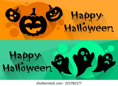 Ghost Pumpkin Face Cartoon Halloween Character Web Banner Set Flyer Flat Vector Illustration