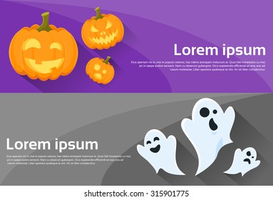 Ghost Pumpkin Face Cartoon Halloween Character Web Banner Set Flyer Flat Vector Illustration