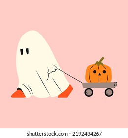 Ghost with pumpkin for Halloween. Phantom walks with gurney. Kawaii monster mystical drawing concept. Vector flat illustration isolated with holiday elements.