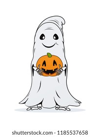Ghost with pumpkin in hands on white background.