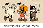 Ghost, Pumpkin head with baseball bat, Cat with knife. Halloween concept. Hand drawn modern Vector illustration. Isolated design elements. Cute creepy, scary, funny characters. Cartoon retro style