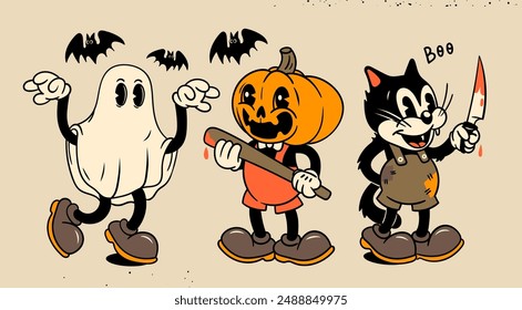 Fantasma, cabeza de calabaza con bate de béisbol, gato con cuchillo. Concepto de Halloween. Ilustración vectorial moderna dibujada a mano. Elementos de diseño aislados. Lindos personajes espeluznantes, aterradores y divertidos. Estilo retro de dibujos animados