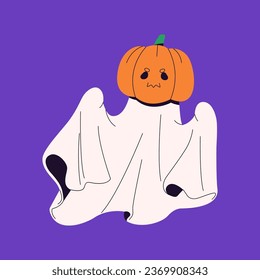 Ghost with pumpkin head. Cute spook flying to carnival. Friendly phantom in costume for masquerade. Funny spirit with jack face. Celebration of Helloween party. Flat isolated vector illustration