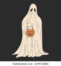  A ghost with a pumpkin in his hands. Hand drawn vector illustration isolated on background. Modern flat cartoon style.