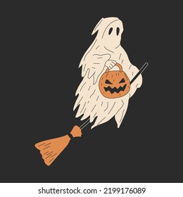  A ghost with a pumpkin in his hands and on a broom.Hand drawn vector illustration isolated on background. Modern flat cartoon style.