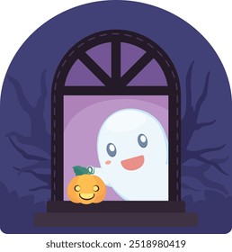 Ghost and Pumpkin Lantern at Window